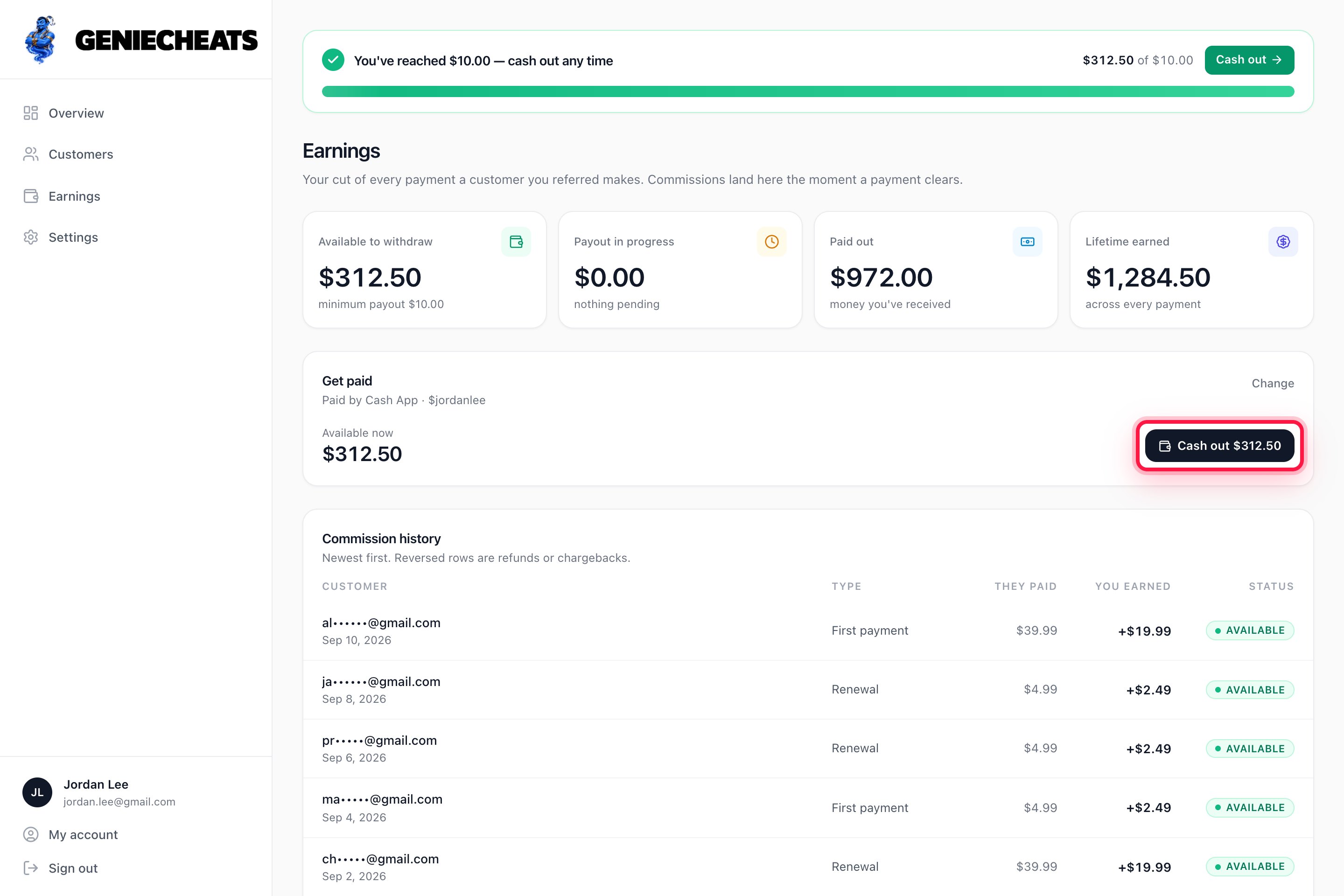 The Earnings page with the Cash out $312.50 button boxed in red