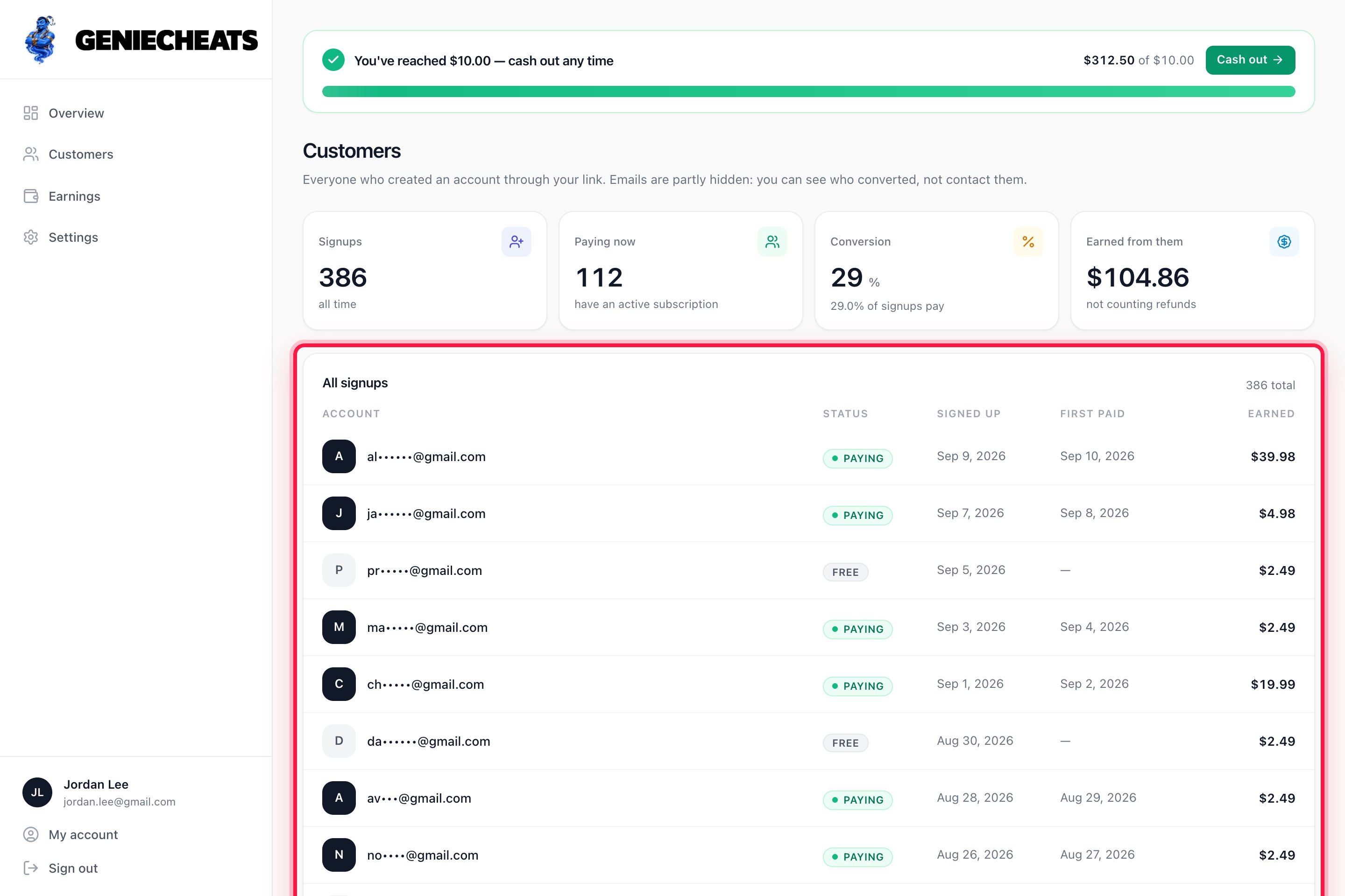 The Customers page listing every signup, who is paying, and what each one has earned you