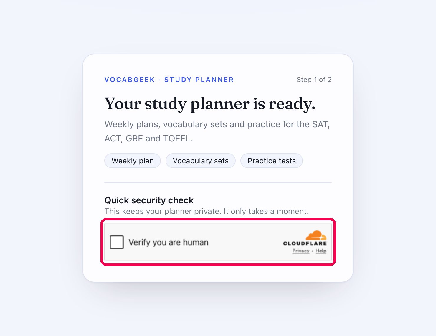 The disguise page: a study planner card with a Verify you are human checkbox outlined in red