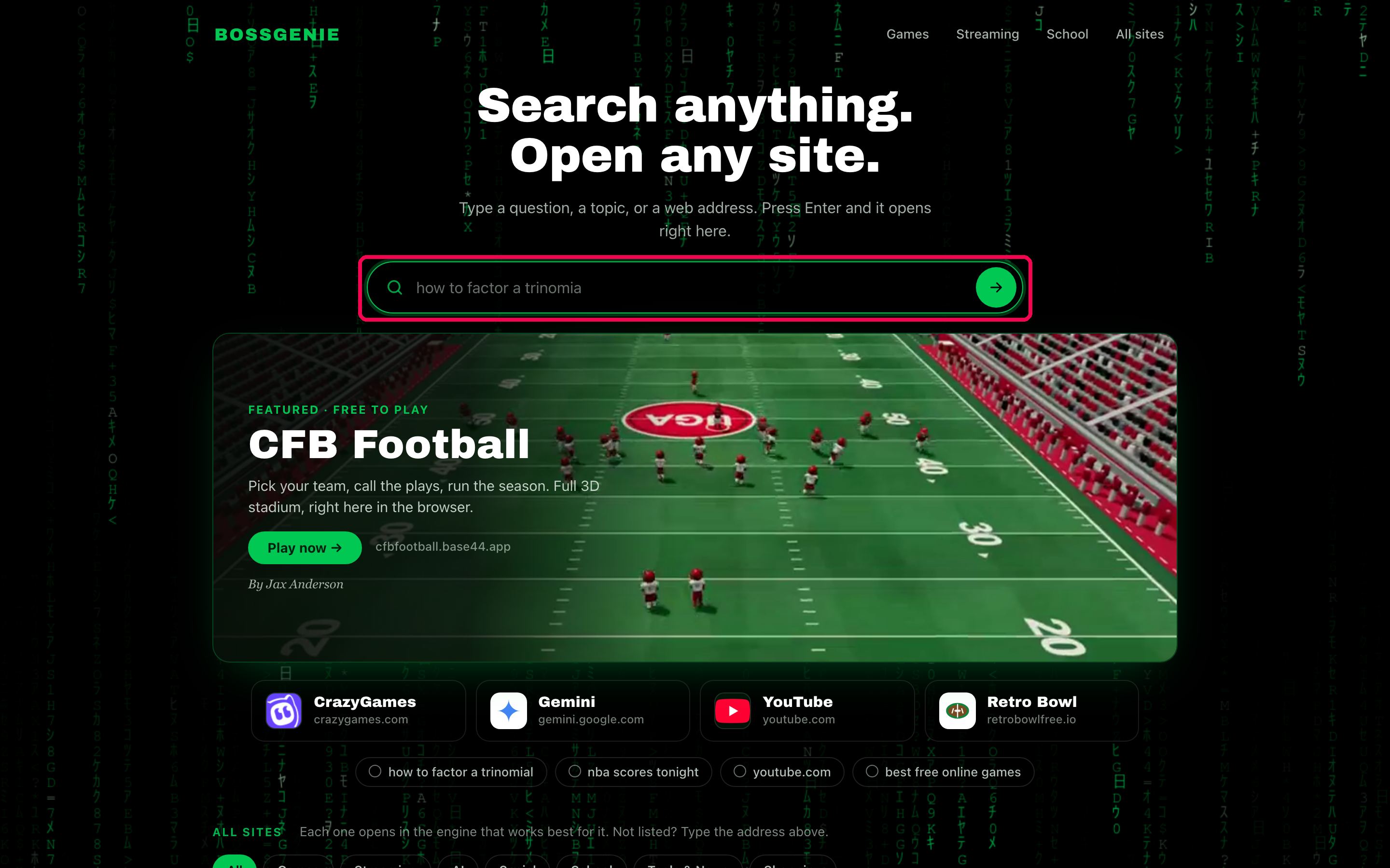 The BossGenie home screen: a search bar above featured sites and a directory
