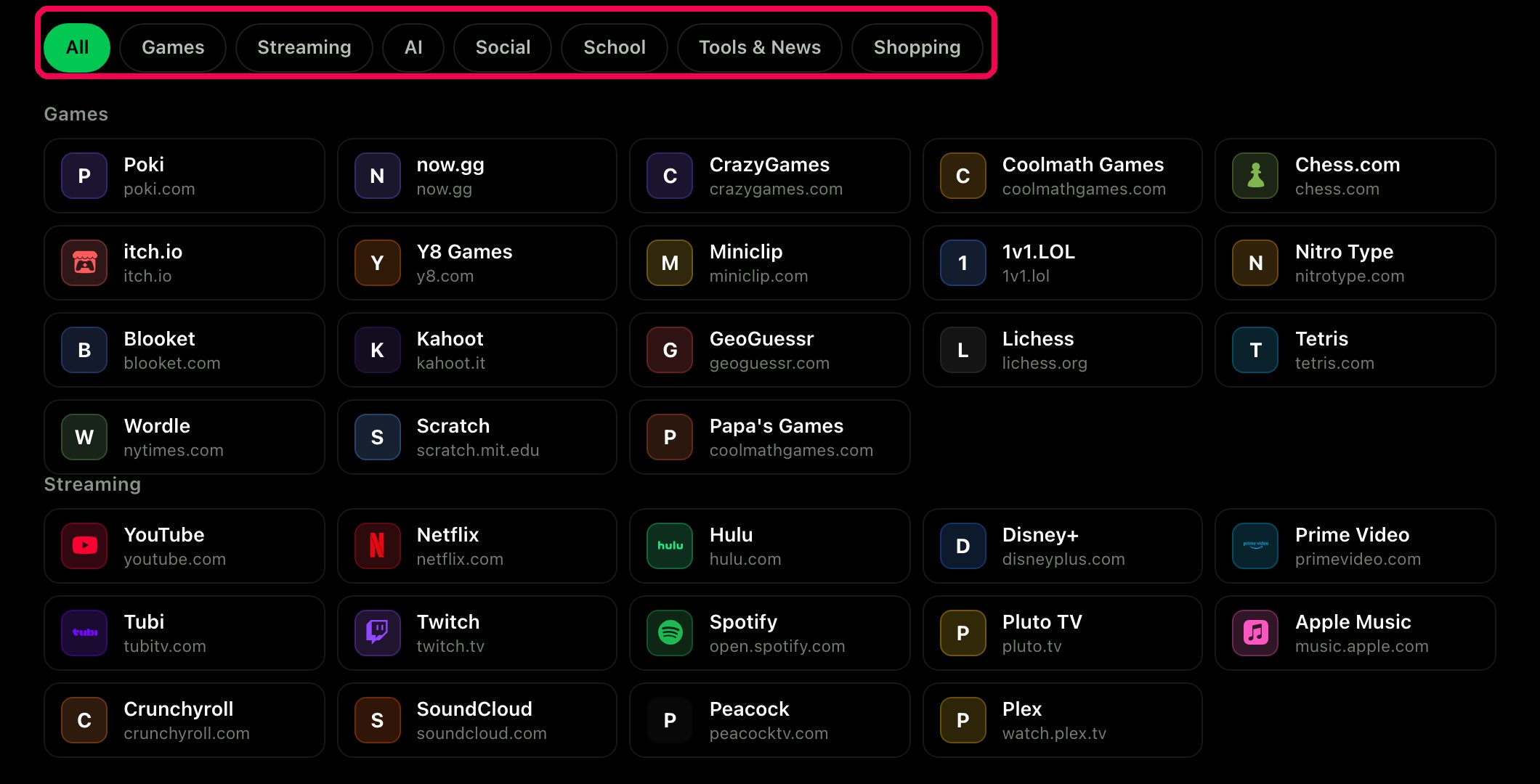 The site directory with the category filter row outlined in red: Games, Streaming, AI, Social, School, Tools and Shopping
