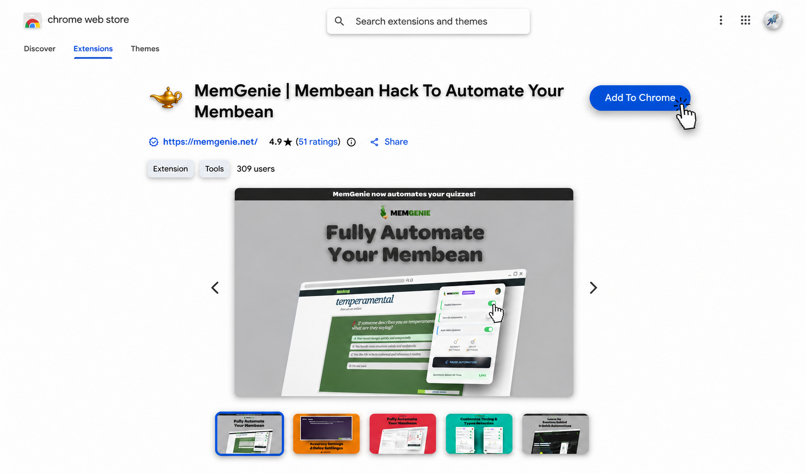 Installing the MemGenie extension that fills in Membean quiz answers