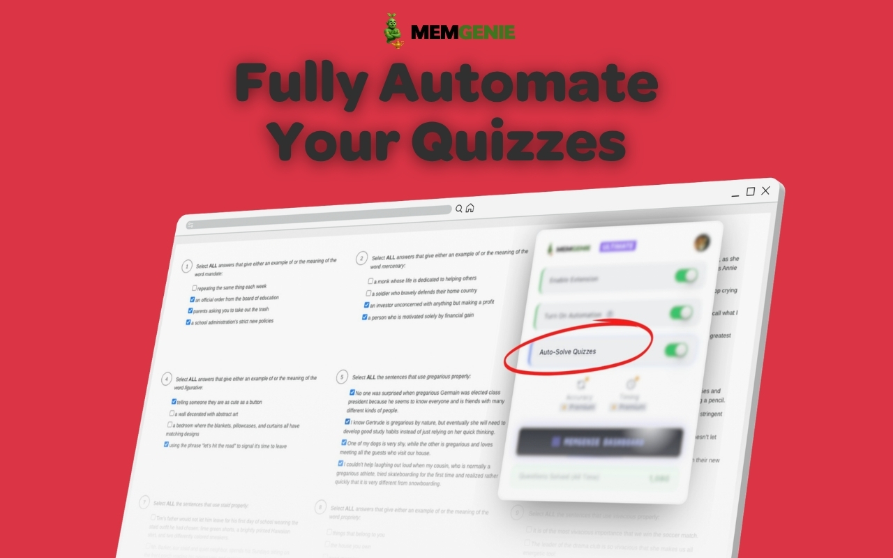 MemGenie auto-filling the answer on a graded Membean quiz